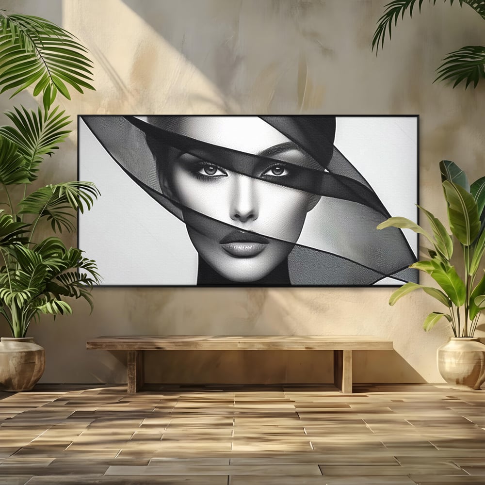 Tablou canvas cu tablou canvas cu femeie si voal negru, in rama de aluminiu negru